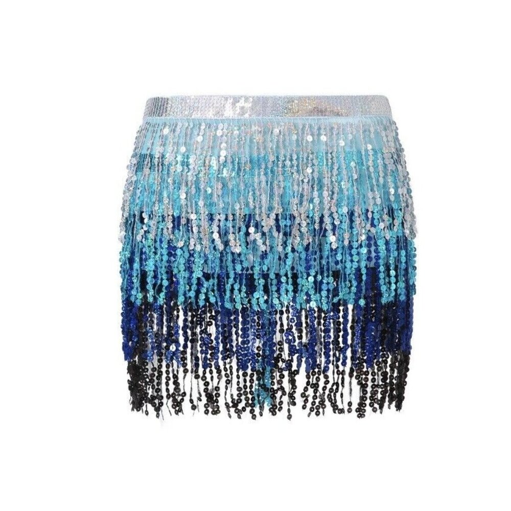 Belly Dance Hip Scarf Waist Belt Sequins Tassels Wrap Skirt Fancy Costume Blue